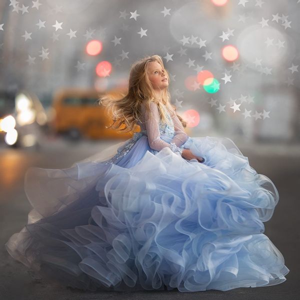 

light sky blue tiered flower girl dresses for wedding appliqued pageant gowns with long sleeves sweep train organza first communion dress, White;blue