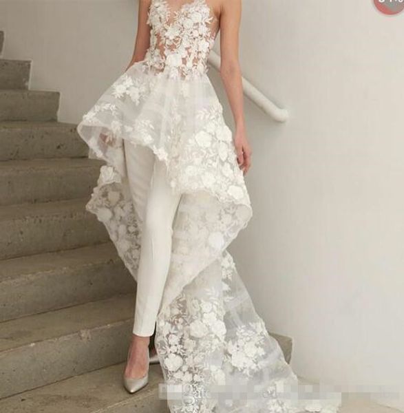 

Bohemian White Jumpsuits wedding dress Long Train 2019 Zuhair Murad Sweetheart Lace 3D Floral Appliques bridal wedding gown