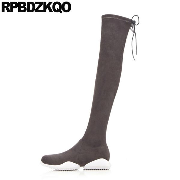 

winter sheepskin black round toe lace up shoes women flat over the knee fashion 2019 suede gray fur custom boots