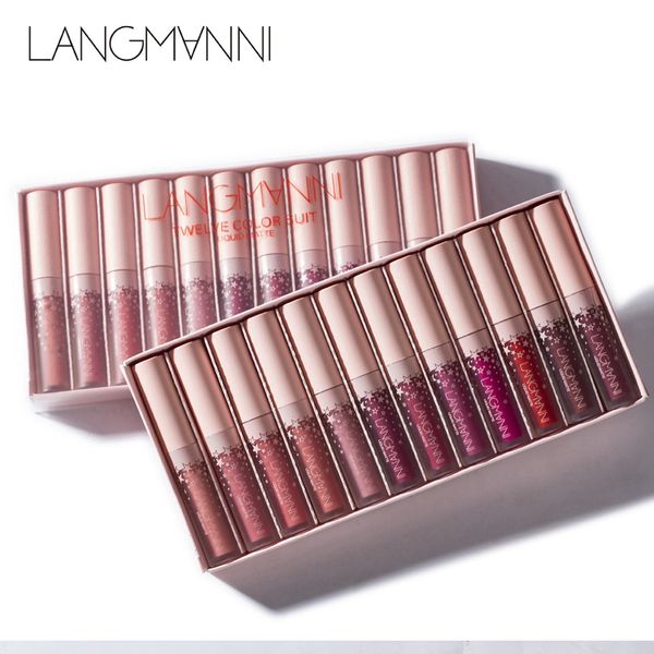 Langmanni marca 12 peças lábios maquiagem matte líquido duradouro conjunto de batom hidratante à prova d 'água lipgloss kits compõem cosméticos