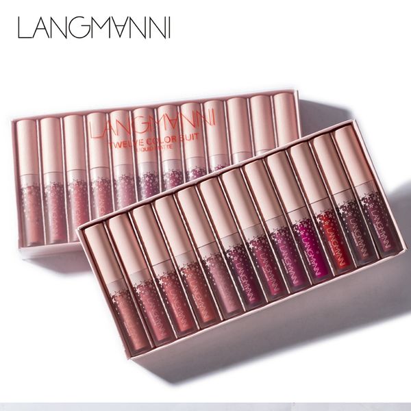 langmanni Marke 12 Stück Lippen Make-Up Matte Flüssigkeit Anhaltende Lippenstift Set Feuchtigkeitscreme Wasserdichte Lipgloss Kits Make-Up Kosmetik