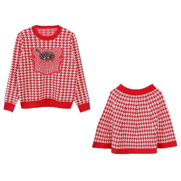 

костюм осенью и зимой 2019 круглый вырез с бриллиантовой и птичьей вышивкой с длинным рукавом топ трикотажная юбка, Black;white