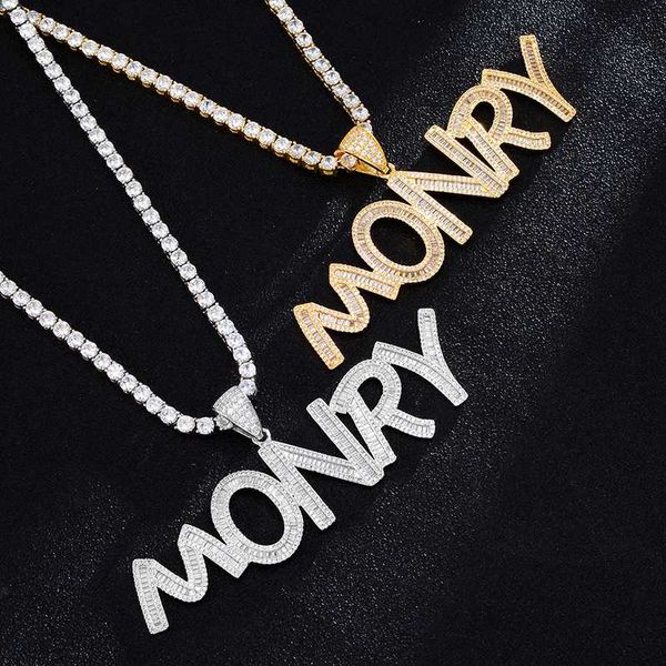 

hip hop custom name letters cubic zircon bling baguette letters iced out chain pendants & necklaces for men jewelry, Silver