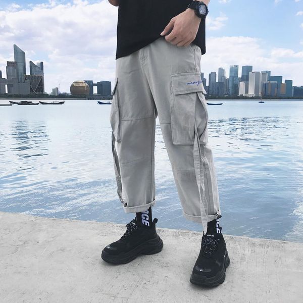 

2019 four-season fashion ankle-length big pocket men cargo pants, Black