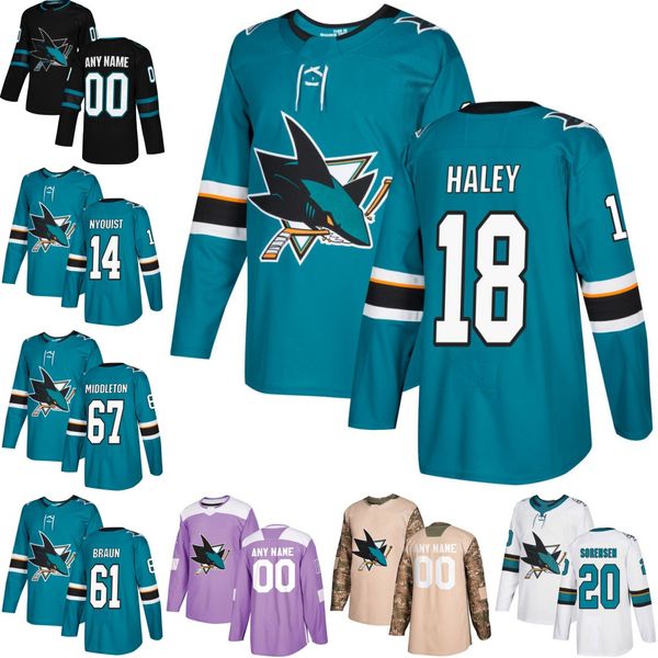 

18 Micheal Haley San Jose Sharks 20 Marcus Sorensen 88 Brent Burns 61 Justin Braun 67 Jacob Middleton 14 Gustav Nyquist Hockey Jersey