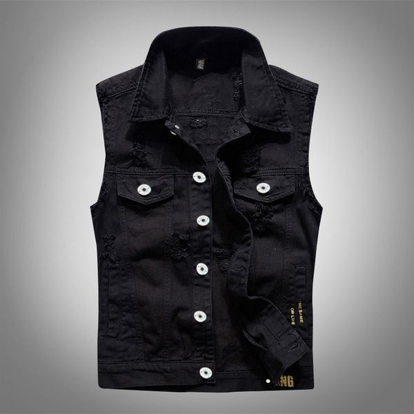 

2019 men's ripped slim fit male cowboy jacket sleeveless fashion casual waistcoat men jean coat denim high-grade vest jacket, Black;white