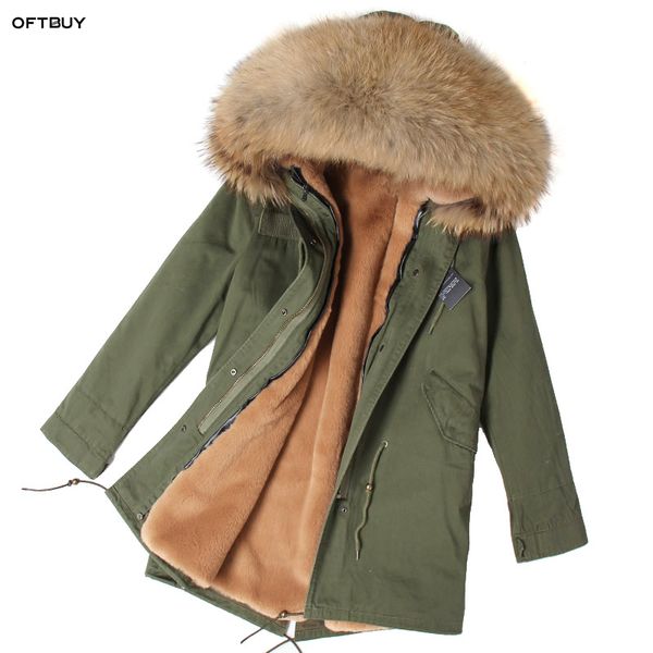 

oftbuy 2019 winter jacket women real fur coat parka raccoon fur collar faux liner army green long coat streetwear fashion, Black