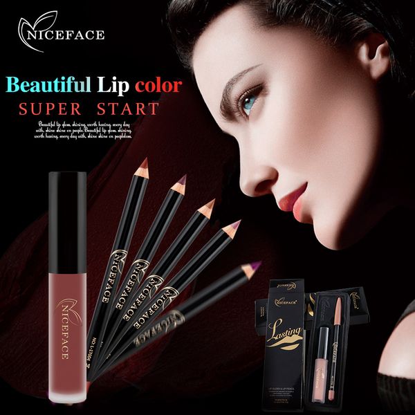 

new niceface 2pcs makeup set professional waterproof matte lip gloss charming lip liner pencil long lasting lipstick kit