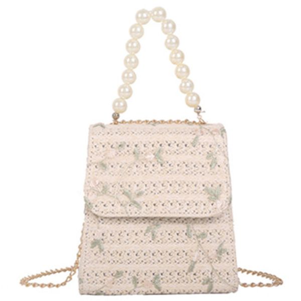 

ljl-fashion pearl beaded crossbody handmade straw casual beach bag flower embroidered sweet shoulder tote