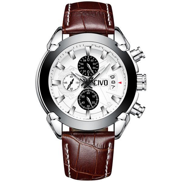 

civo genuine leather sport mens watch waterproof chronograph date calendar watches quartz watch erkek kol saati reloj hombre, Slivery;brown