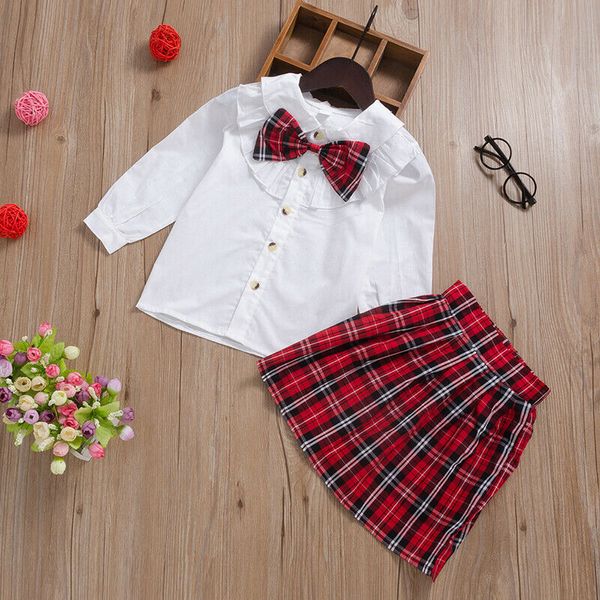 

pudcoco sweet baby girl kid white shirt + plaid skirt +tie bow academic formal clothes set xmas party outfits 3pcs 1-6t