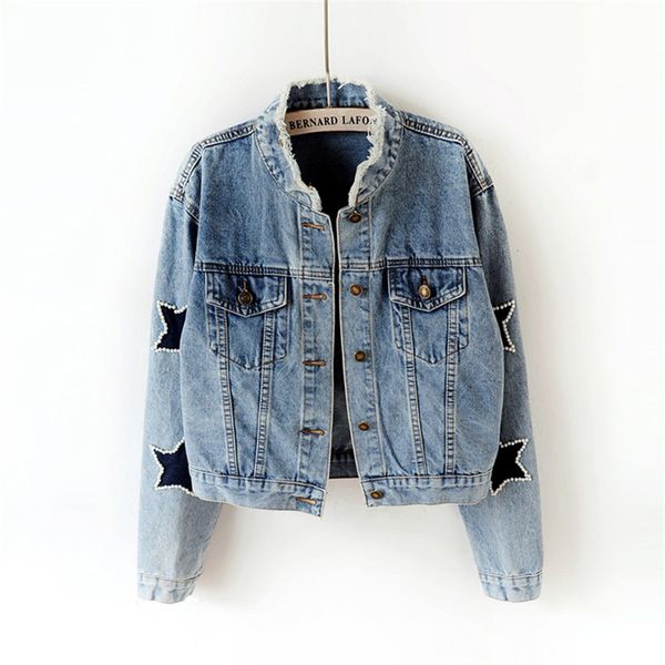 

korean fashion beading star patch design jeans jacket women big size slim casual female long sleeve short denim coat outerwear, Black;brown