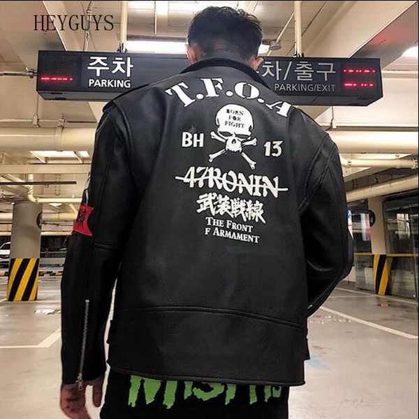 

original autumn winter street retro men punk style leather jacket armed front embroidery skull print bomber outwear coats, Black