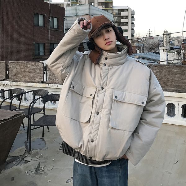 

new winter stand collar jacket men warm thick fashion solid color casual big pocket tooling jacket wild loose cotton coat men, Black