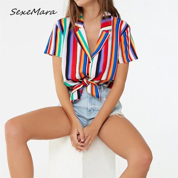 

summer fashion rainbow striped women shirts 2020 casual single breasted loose blouses women, White