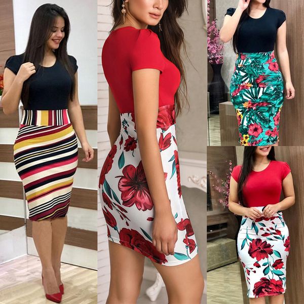 

summer dress printed office midi pencil dress large women dress bodycon bandage dress, Black;gray