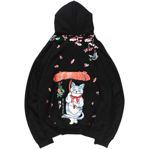

2020 men hoodies sweatshirt hip hop oversized japanese cartoon cat hoodie pullover streetwear harajuku floral funny hoodie black