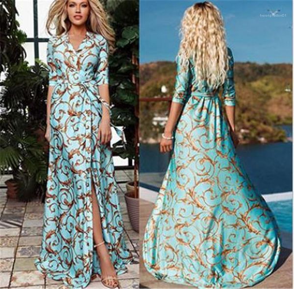 

синий цвет половина рукава сплит платья мода v образным вырезом платья с поясами цветочный принт женские макси платья лето, Black;gray