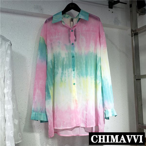 

2020 summer autumn new korean loose sunscreen shirt retro thin micro transparent rainbow tie-dye long-sleeved shirt women blouse, White