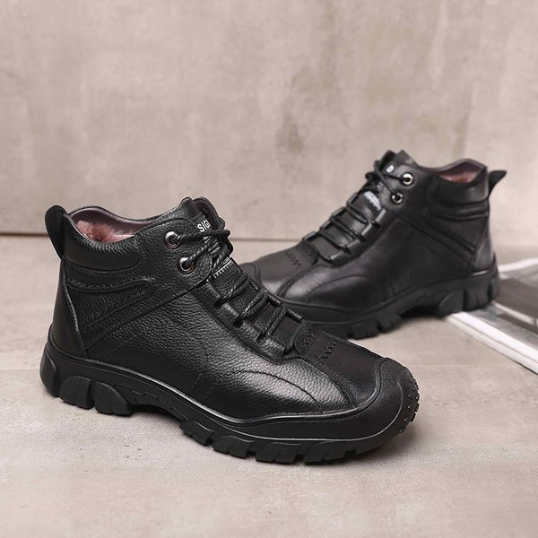 

genuine leather shoes men winter boots warm plush for cold winter men ankle boots fashion cow leather male booties, Black