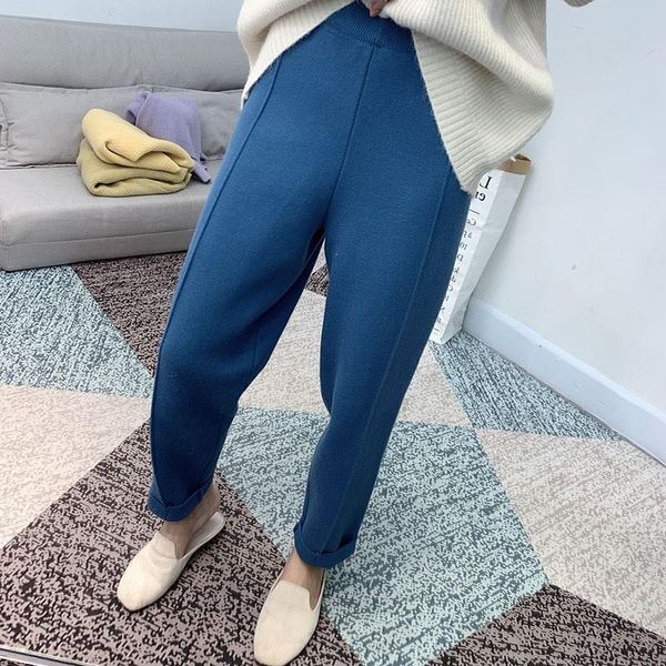 

winter mid waist knitted harem pants women trousers drawstring loose pants casual pockets knitted sweatpants, Black;white