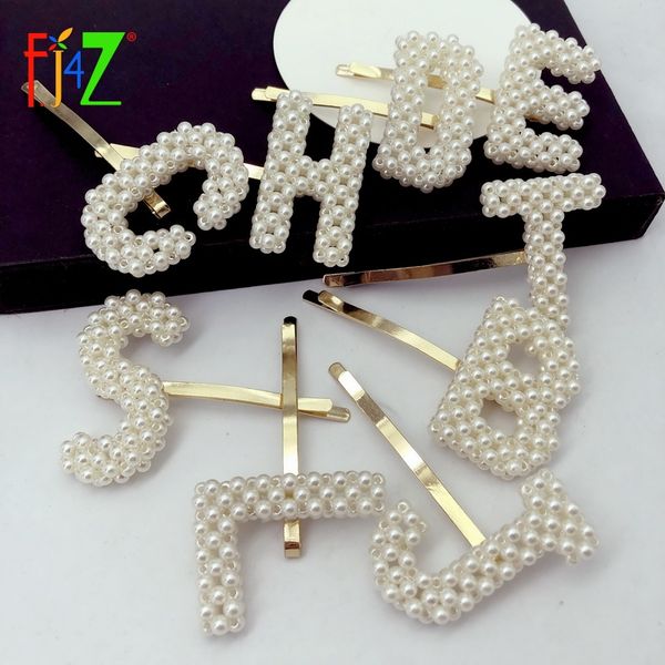 

f.j4z fashion simulated pearl letter hair clips gorgeous women initial hairpins ins girls hair jewelry palillos del pelo, Golden;white