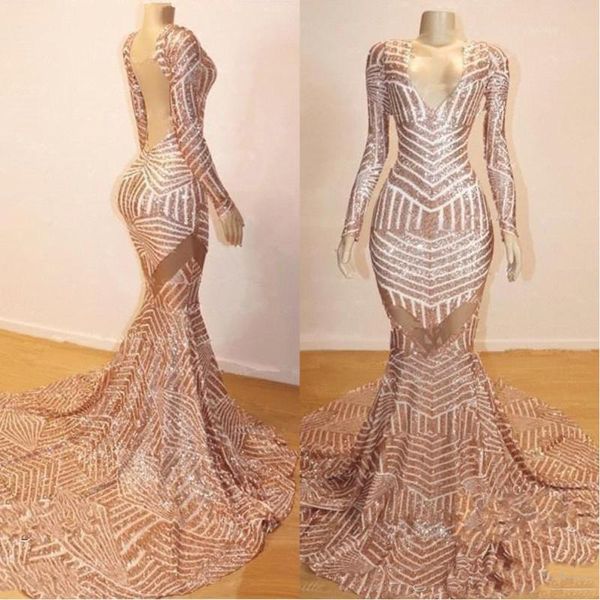 Vestidos de lantejoulas Rose Gold Long Sleeve Prom Dresses Sexy Open Back Vestido de Noite V Neck partido da sereia