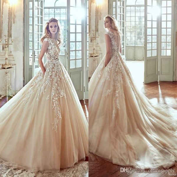 

vintage 2019 nicole blush pink wedding dresses bateau neck capped sleeves appliqued bridal gowns sweep train champagne, White