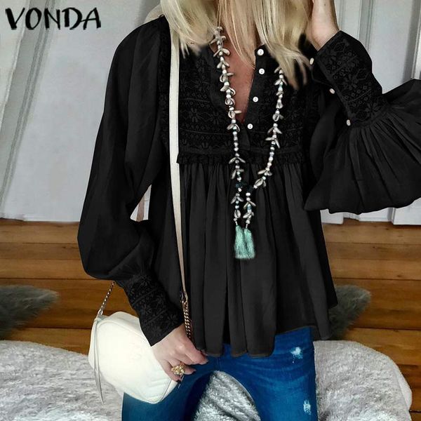 

vonda women blouse office ladies 2020 spring summer v neck lantern sleeve beach party blusa shirts plus size, White