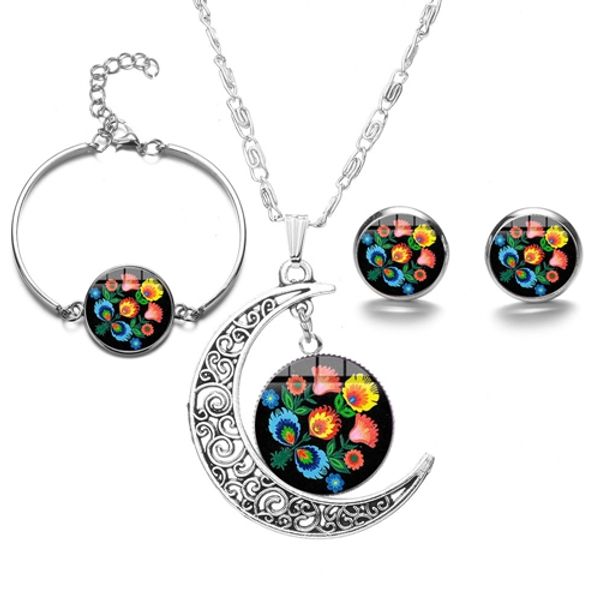

polish folk art pattern jewelry sets boho print handmade glass cabochon moon necklace & earrings & bracelet party jewelry, Slivery;golden