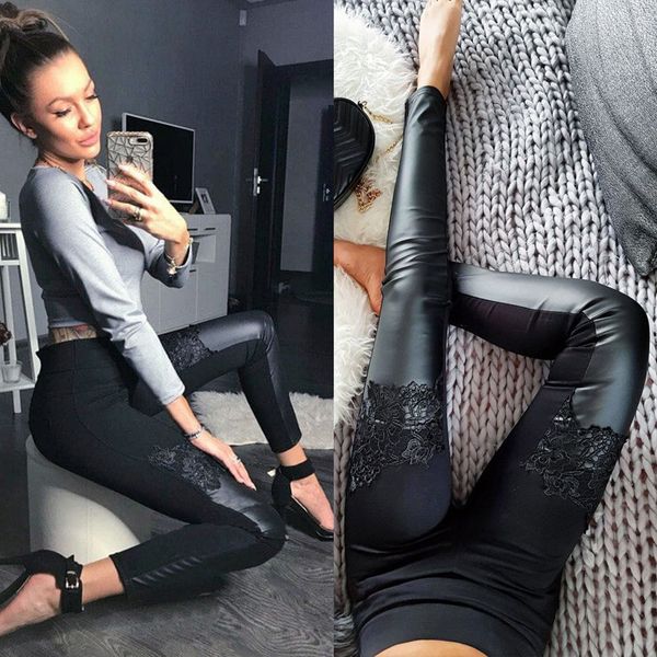 

womens faux leather leggings with lace embroidery high waisted slim fit skinny pu elastic long pants, Black