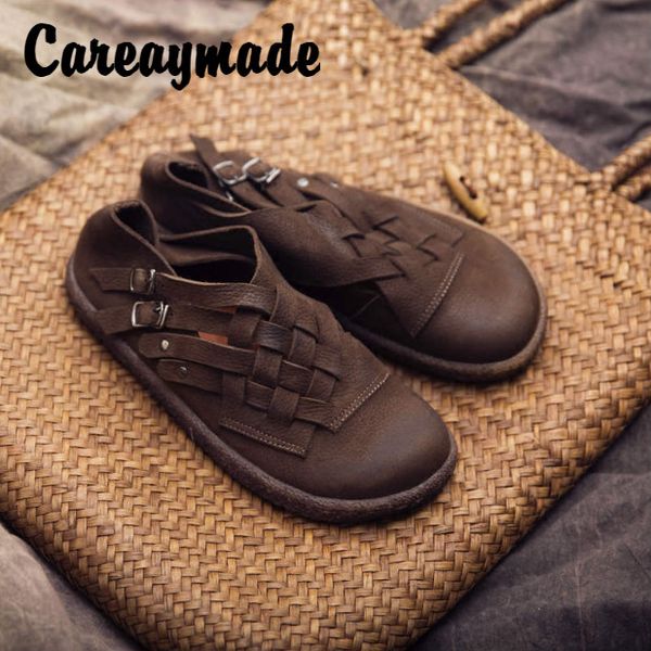 

careaymade-ale,handmade homemade vintage art style women's genuine leather shoes,braided round head flat single shoes, Black