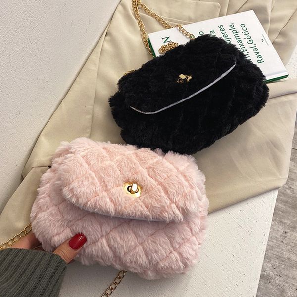 

elegant female plaid square bag 2020 fashion new quality soft plush women's handbag lock chain shoulder messenger bags