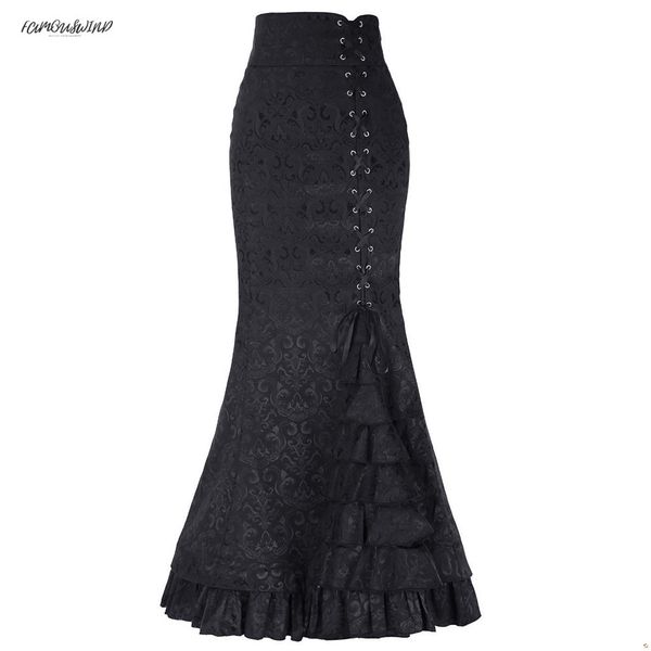 

women new slim gothic vintage long mermaid skirt floral print ruffe lace up maxi skirt bodycon elegant long skirt 2019 o13, Black