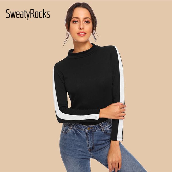 

sweatyrocks black mock neck contrast panel detail t-shirt long sleeve high neck women active 2018 autumn casual tee shirt, White
