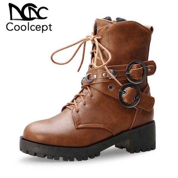 

coolcept women 2020 motorcycle boots fashion buckle cross strap lady platform boots winter autumn shoes woman size 33-43, Black