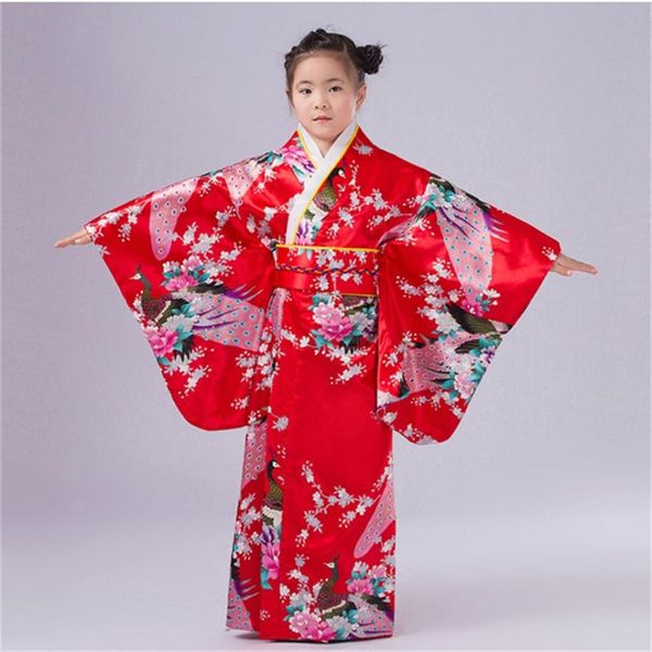 

ethnic clothing 2021 traditional kimono girl japanese dress silk national print cherry red blossoms costume for girls japan