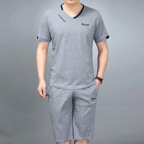 

summer men casual костюм мужской хлопка с коротким рукавом футболки и эластичный пояс короткий костюм 2 шт шорты комплекты одежды для отдыха, Gray