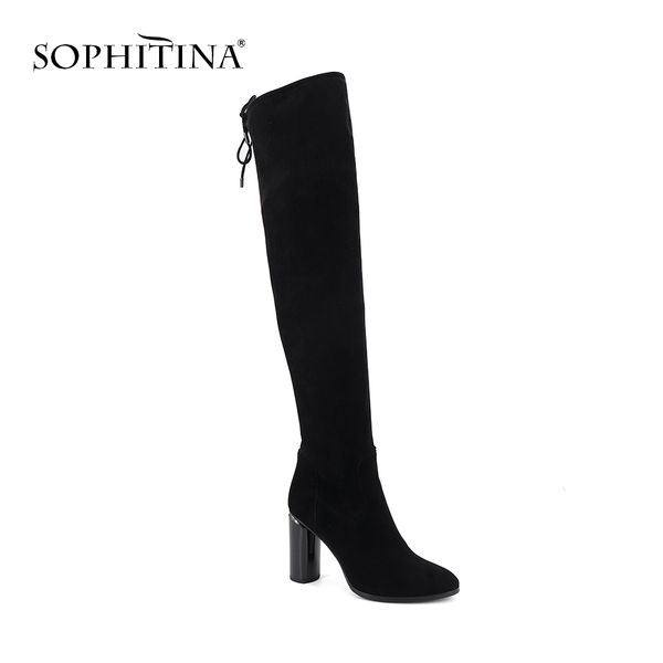 

sophitina women over-the-knee boots casual outside round toe high heel shoes basic lace-up zipper round heel ladies boots sc278, Black