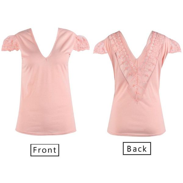

2019 women summer short sleeve v neck t-shirt slim back lace design backless basic tee d08e, White