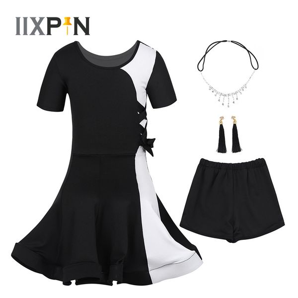 

iixpin kids girls latin dress dance wear outfit short sleeves color block dance dress with headwear earrings tight shorts set, Black;red