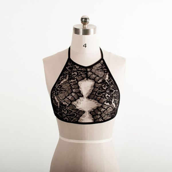 

women's soft floral halter lace triangle bralette unpadded bra crop tube, Black;white