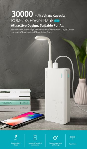 

30000mah romoss sense 8+ power bank portable external battery with qc two-way fast charging portable powerbank charger for phone