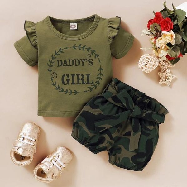 

2020 summer newborn baby girl short sleeve letter print t-shirt +camouflage shorts outfits set girl clothes kids clothes, White