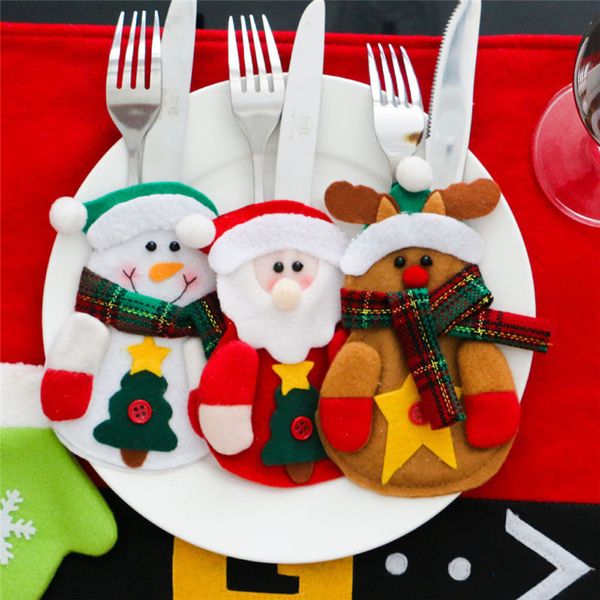 

3pcs christmas bag dinner table cutlery holder decoration for home snowman santa claus knife fork holder navidad natal supplies