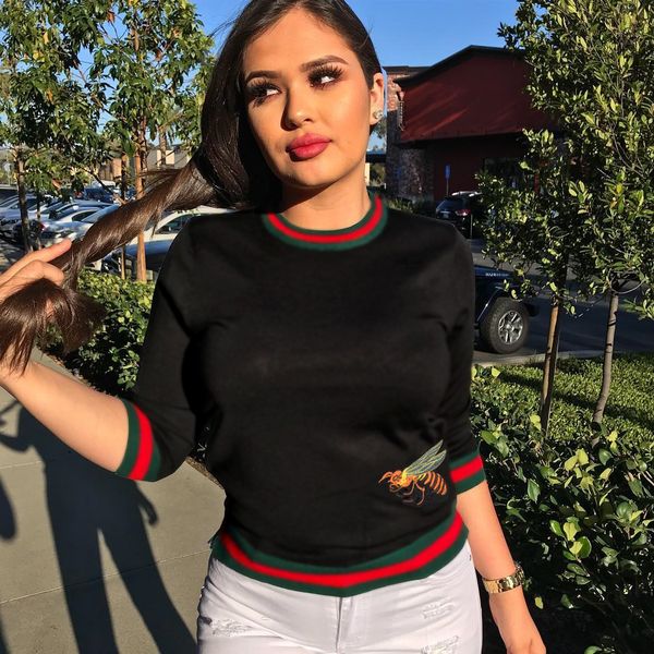 

2019 selling high elasticity rib fashion bee embroidery leisure bee t-shirt 7-point sleeve shirt women's clothing sweatshirt sweater, White