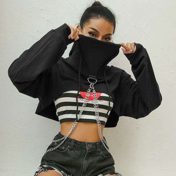 

osllenlla streetwear black red cropped hooded sweatshirt women loose chain patchwork pullover hoodie short femme hoodies top