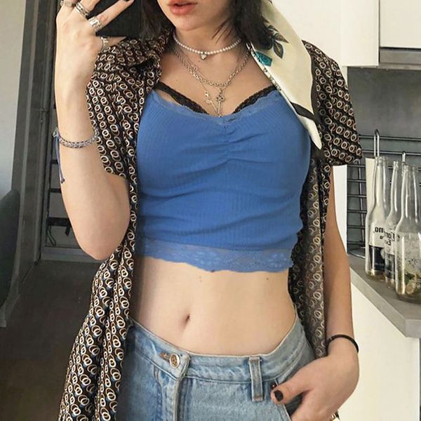 

lace crop women v neck sleeveless spaghetti strap ruched short t shirt knitted blue bottoming sling lingerie female camisole, White