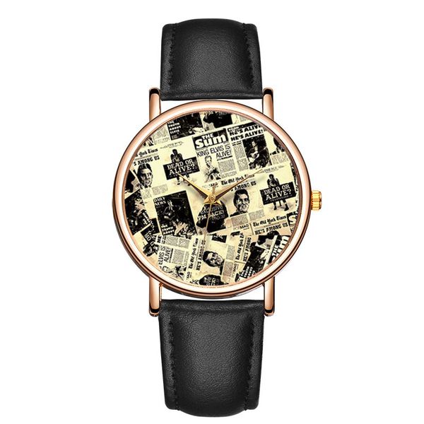 

fashion casual retro newspaper form pattern dial luxury dress belt ms quartz watch, Slivery;brown
