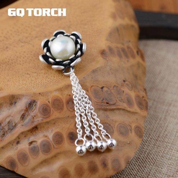 

gqtorch 990 sterling silver flower gemstone pendant with natural freshwater pearl vintage tassel accessories women jewelry